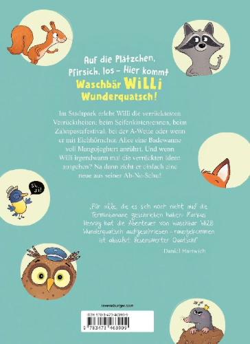 Buchcover und Innenansicht für das Buch: Waschbär Willi Wunderquatsch - Die Erfindung der Trompetenwurst und weitere verrückte Abenteuer