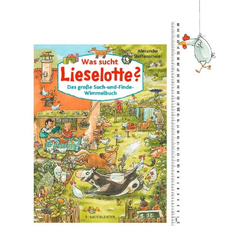 Buchcover und Innenansicht für das Buch: Was sucht Lieselotte? Das große Such-und-Finde-Wimmelbuch