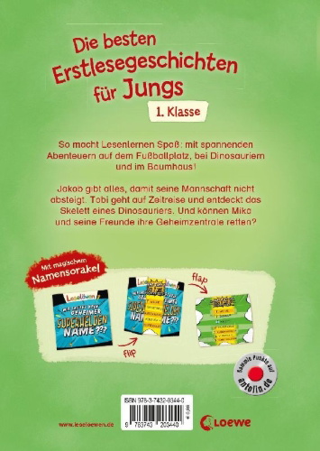 Buchcover und Innenansicht für das Buch: Leselöwen - Die besten Erstlesegeschichten für Jungs 1. Klasse