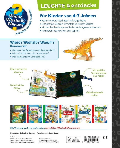 Buchcover und Innenansicht für das Buch: Wieso? Weshalb? Warum? Leuchte und entdecke: Dinosaurier (Taschenlampen-Buch mit Folien und Klappen)