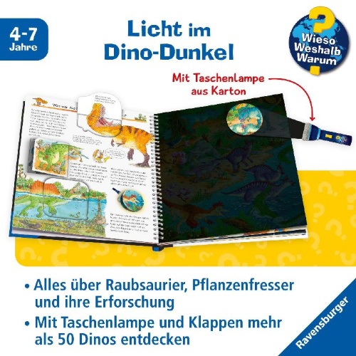 Buchcover und Innenansicht für das Buch: Wieso? Weshalb? Warum? Leuchte und entdecke: Dinosaurier (Taschenlampen-Buch mit Folien und Klappen)