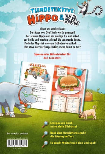 Buchcover und Innenansicht für das Buch: Tierdetektive Hippo & Ka - Wer hat den Mops gemopst?
