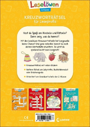 Buchcover und Innenansicht für das Buch: Leselöwen Kreuzworträtsel für Leseprofis - 2. Klasse (Sonnengelb)