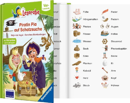 Buchcover und Innenansicht für das Buch: Leserabe Vor-Lesestufe - Piratin Pia auf Schatzsuche