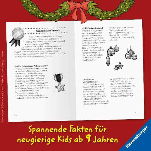 Buchcover und Innenansicht für das Buch: Verrückte Fakten - Frohe Weihnachten! Alles über Wichtel, den Nikolaus und die lustigsten Weihnachtsgeschenke