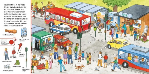 Buchcover und Innenansicht für das Buch: Hör mal (Soundbuch): Wimmelbuch: In der Stadt