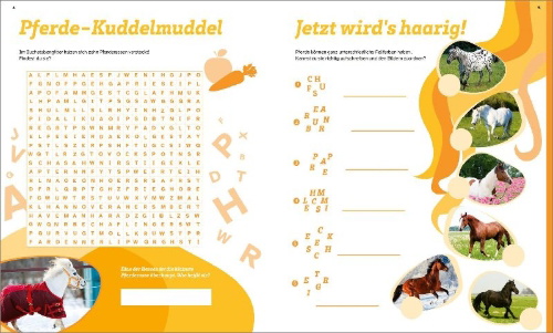 Buchcover und Innenansicht für das Buch: WAS IST WAS Rätseln und Stickern: Pferde