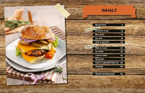 Buchcover und Innenansicht für das Buch: Das ultimative Burger-Grillbuch