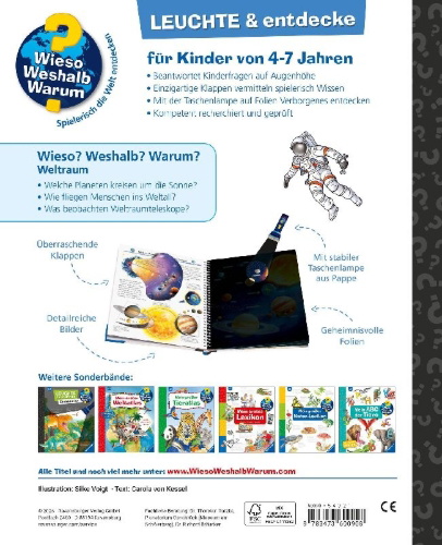 Buchcover und Innenansicht für das Buch: Wieso? Weshalb? Warum? Leuchte und entdecke - Weltraum