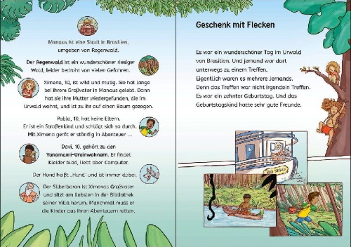 Buchcover und Innenansicht für das Buch: Leselöwen 3. Klasse - Amazonas-Detektive: Gefahr im Regenwald