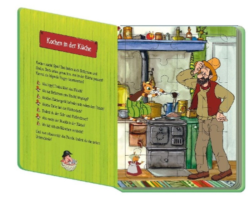 Buchcover und Innenansicht für das Buch: Trötsch Pettersson und Findus Puzzlebuch