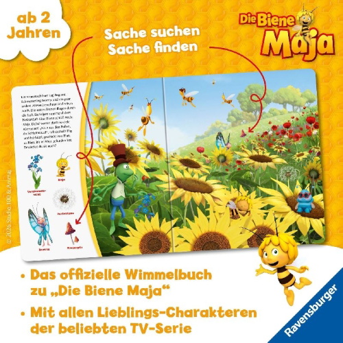 Buchcover und Innenansicht für das Buch: Die Biene Maja: Mein wimmeliger Suchspaß