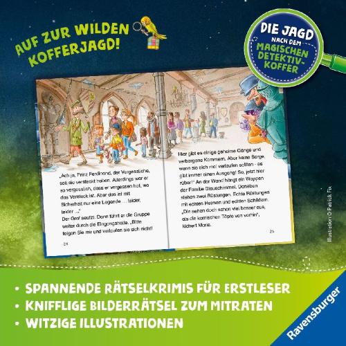 Buchcover und Innenansicht für das Buch: Die Jagd nach dem magischen Detektivkoffer, Band 4: Achtung, Raubritter!