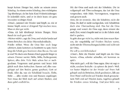 Buchcover und Innenansicht für das Buch: Schule!, schreit der Frieder, und die Oma, die kommt mit