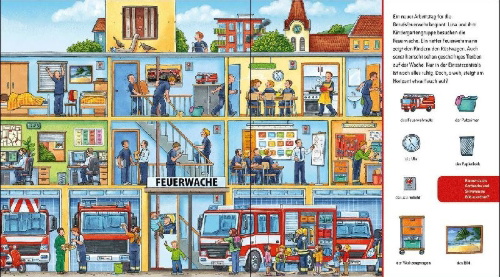 Buchcover und Innenansicht für das Buch: Suche und finde! Sound-Wimmelbuch - Feuerwehr
