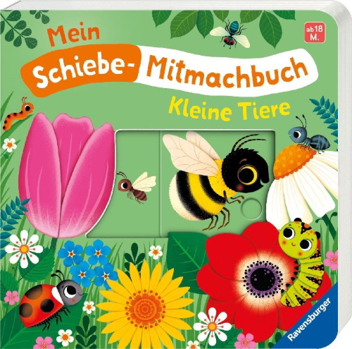 Buchcover und Innenansicht für das Buch: Mein Schiebe-Mitmachbuch - Kleine Tiere