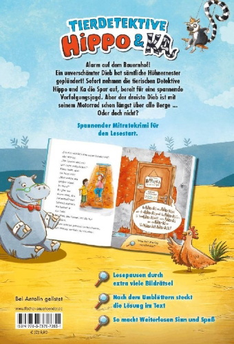Buchcover und Innenansicht für das Buch: Tierdetektive Hippo & Ka - Wer fuhr im Hühnerstall Motorrad?