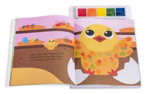 Buchcover und Innenansicht für das Buch: Stempelkunst für kleine Finger. Tierkinder