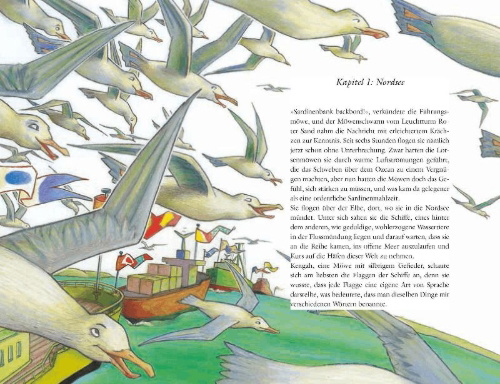 Buchcover und Innenansicht für das Buch: Historia de una gaviota y del gato que le enseñó a volar