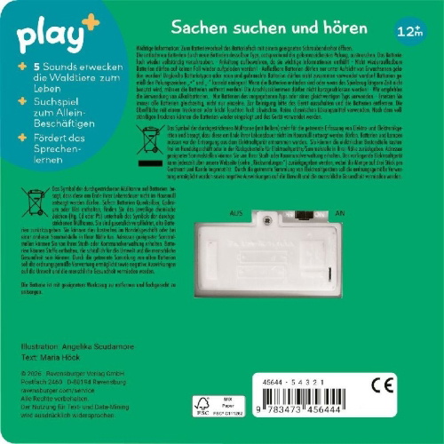 Buchcover und Innenansicht für das Buch: Play+ Mein allererstes Soundbuch Tiere im Wald - ab 12 Monate