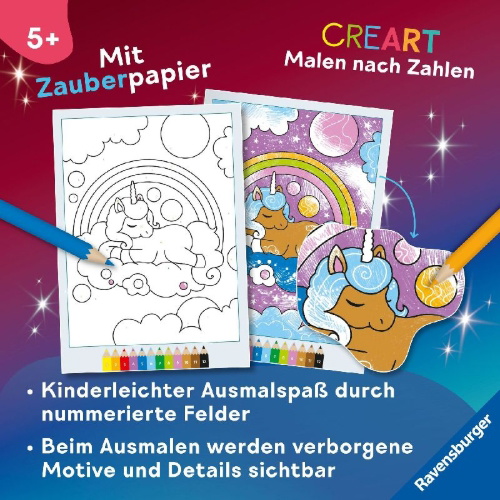 Buchcover und Innenansicht für das Buch: CreArt Malen nach Zahlen ab 5 - Zauberpapier: Einhorn Zauber
