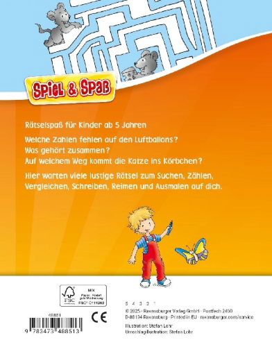 Buchcover und Innenansicht für das Buch: Spiel & Spaß - Vorschul-Rätselspaß für unterwegs