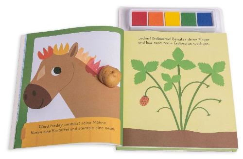 Buchcover und Innenansicht für das Buch: Stempelkunst für kleine Finger. Bauernhof