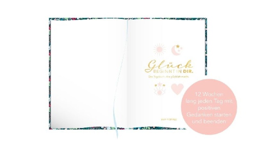 Buchcover und Innenansicht für das Buch: Das Tagebuch das glücklich macht (Special Edition): 6 Minuten am Tag für mehr Glück, Positivität, Dankbarkeit und Erfolg. Dankbarkeitstagebuch zum Ausfüllen für jeden Tag. 6 Minuten Tagebuch für mehr Achtsamkeit. 12 Wochen Tagebuch in rosa/blau
