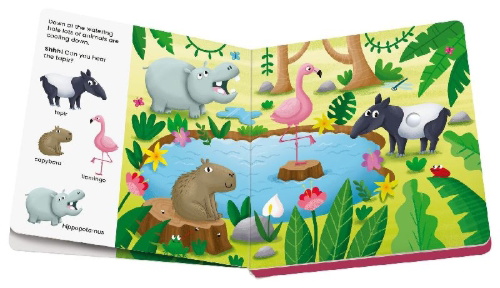 Buchcover und Innenansicht für das Buch: Play+ Shh ... who's there? Jungle Animals