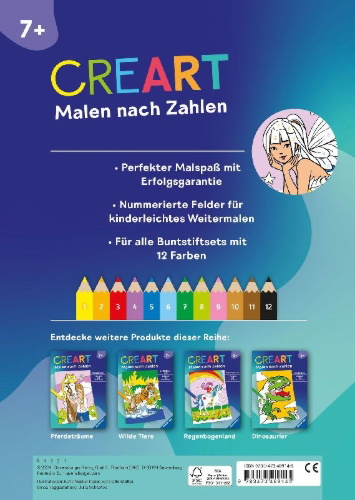 Buchcover und Innenansicht für das Buch: CreArt Malen nach Zahlen ab 7: Feen, Elfen, Meerjungfrauen