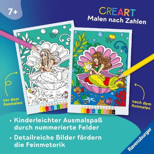 Buchcover und Innenansicht für das Buch: CreArt Malen nach Zahlen ab 7: Feen, Elfen, Meerjungfrauen