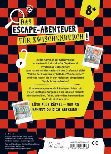 Buchcover und Innenansicht für das Buch: Ravensburger Escape Rätsel - Kammer der Geheimnisse