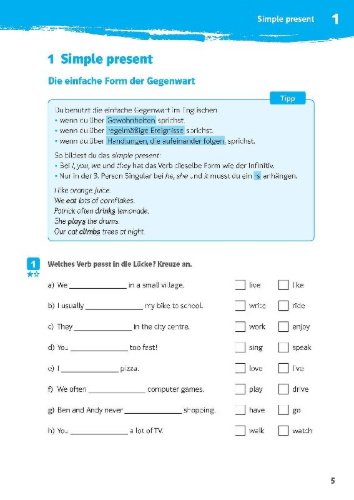 Buchcover und Innenansicht für das Buch: Klett 10-Minuten-Training Englisch Simple Present und Present Progressive 5. Klasse