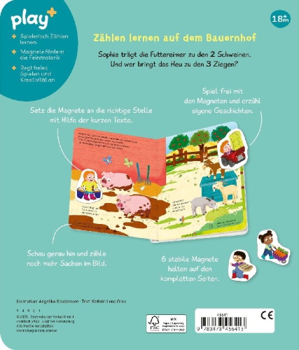 Buchcover und Innenansicht für das Buch: Play+ Mein Spiel mit-Magnetbuch Komm, wir lernen Zählen - ab 18 Monate