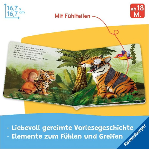 Buchcover und Innenansicht für das Buch: Mein erstes Vorlese-Fühlbuch - Bist du ein Affe?