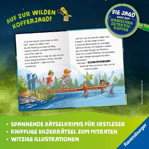 Buchcover und Innenansicht für das Buch: Die Jagd nach dem magischen Detektivkoffer, Band 8 - Ein Hai im Badesee