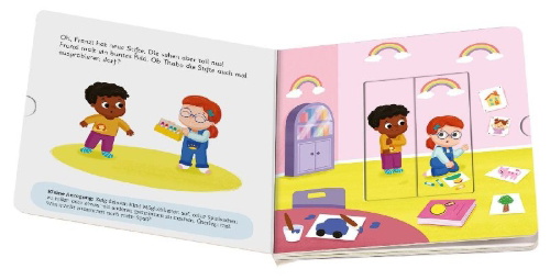 Buchcover und Innenansicht für das Buch: Play+ Mein erstes Schiebebuch Teilen und vertragen - ab 18 Monate