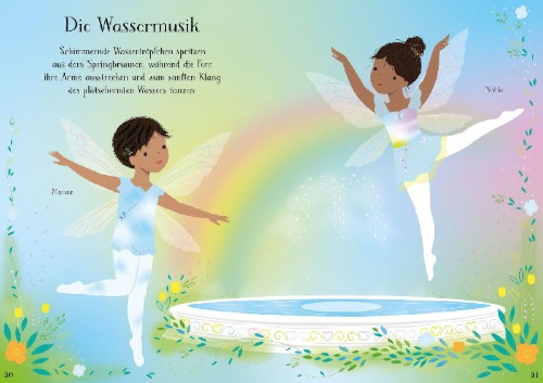 Buchcover und Innenansicht für das Buch: Mein erstes Anziehpuppen-Stickerbuch: Flora, die kleine Feen-Ballerina