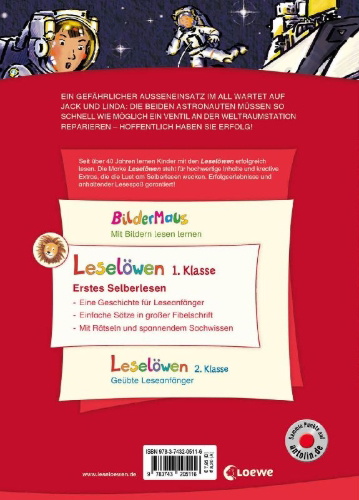 Buchcover und Innenansicht für das Buch: Leselöwen 1. Klasse - Alarm auf der Weltraumstation