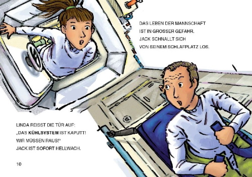 Buchcover und Innenansicht für das Buch: Leselöwen 1. Klasse - Alarm auf der Weltraumstation