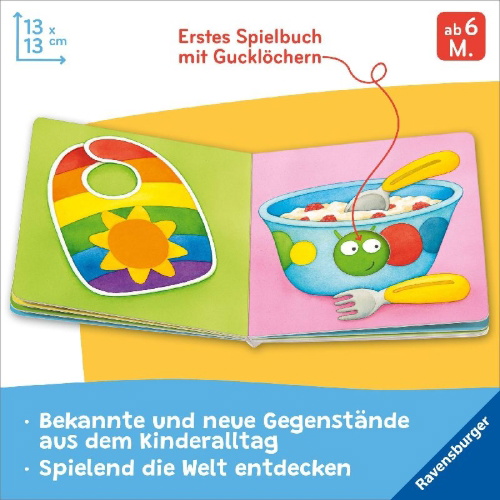 Buchcover und Innenansicht für das Buch: Mein Gucklochbuch: Erste Sachen, Pappbilderbuch für Kinder ab 6 Monaten, mit Spieleffekt