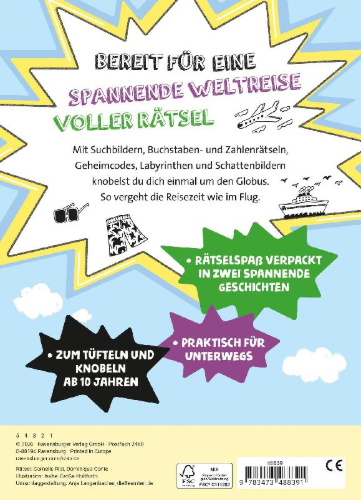 Buchcover und Innenansicht für das Buch: Reise-Rätselblock ab 10 Jahren