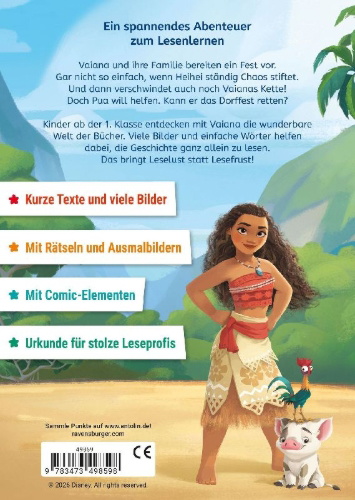 Buchcover und Innenansicht für das Buch: Disney Vaiana: Pua und Heihei - Erstlesebuch zum Lesenlernen
