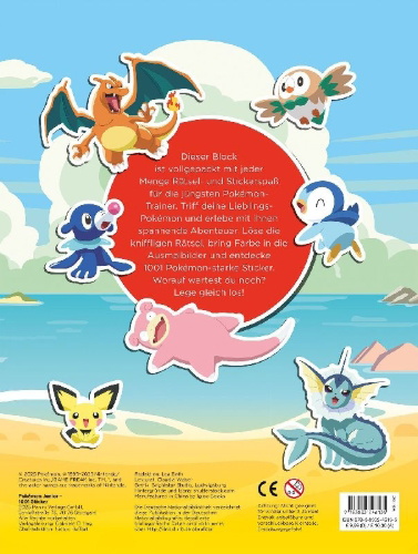 Buchcover und Innenansicht für das Buch: Pokémon Junior: 1001 Sticker - Stickern - Rätseln - Ausmalen
