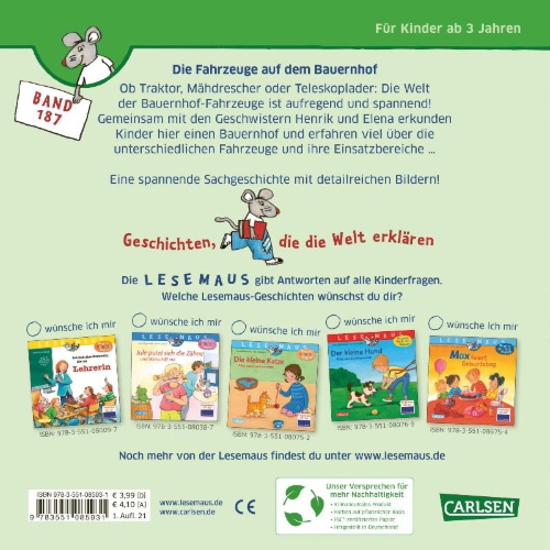 Buchcover und Innenansicht für das Buch: LESEMAUS 187: Die Fahrzeuge auf dem Bauernhof