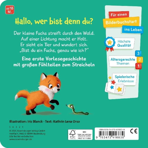 Buchcover und Innenansicht für das Buch: Mein erstes Vorlese-Fühlbuch: Bist du ein Fuchs?