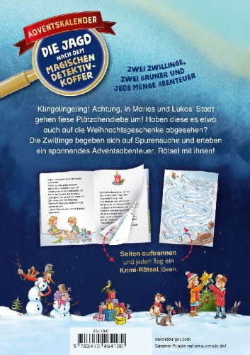Buchcover und Innenansicht für das Buch: Die Jagd nach dem magischen Detektivkoffer - Adventskalender: Geschenke in Gefahr!