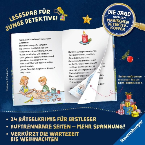 Buchcover und Innenansicht für das Buch: Die Jagd nach dem magischen Detektivkoffer - Adventskalender: Geschenke in Gefahr!
