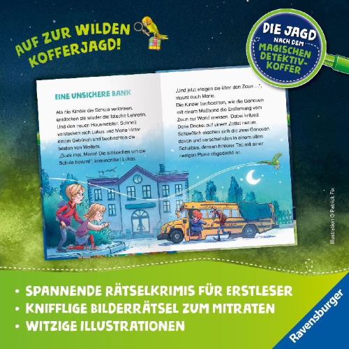 Buchcover und Innenansicht für das Buch: Die Jagd nach dem magischen Detektivkoffer, Band 6 - Schurken in der Schule