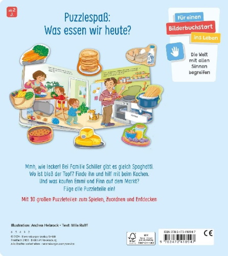 Buchcover und Innenansicht für das Buch: Mein großes Puzzle-Spielbuch - Das essen wir heute